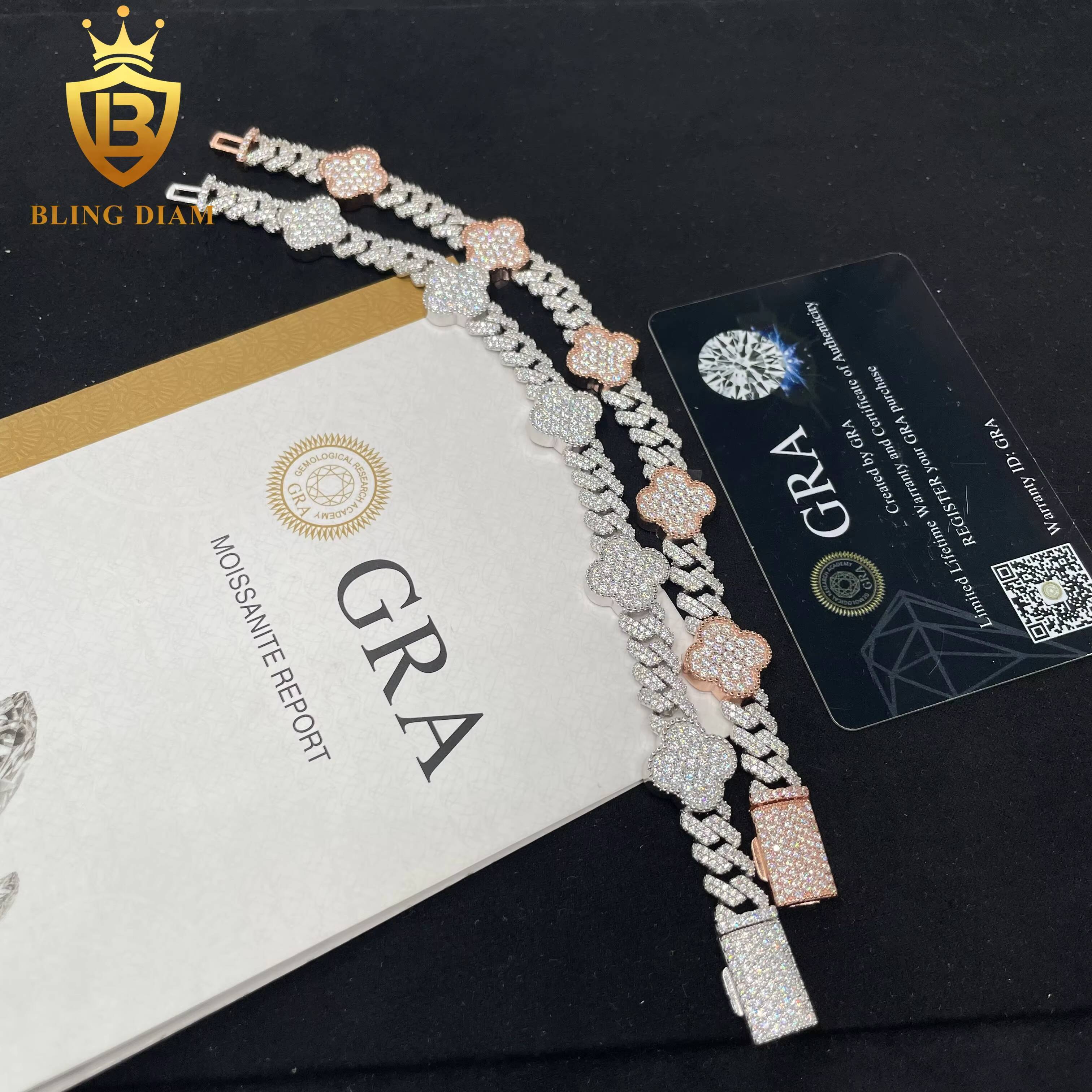 Hot Sale Hip Hop Moissanite 8mm Clover Cuban Bracelet Clover Shape Moissanite Cuban Bracelet Men Women