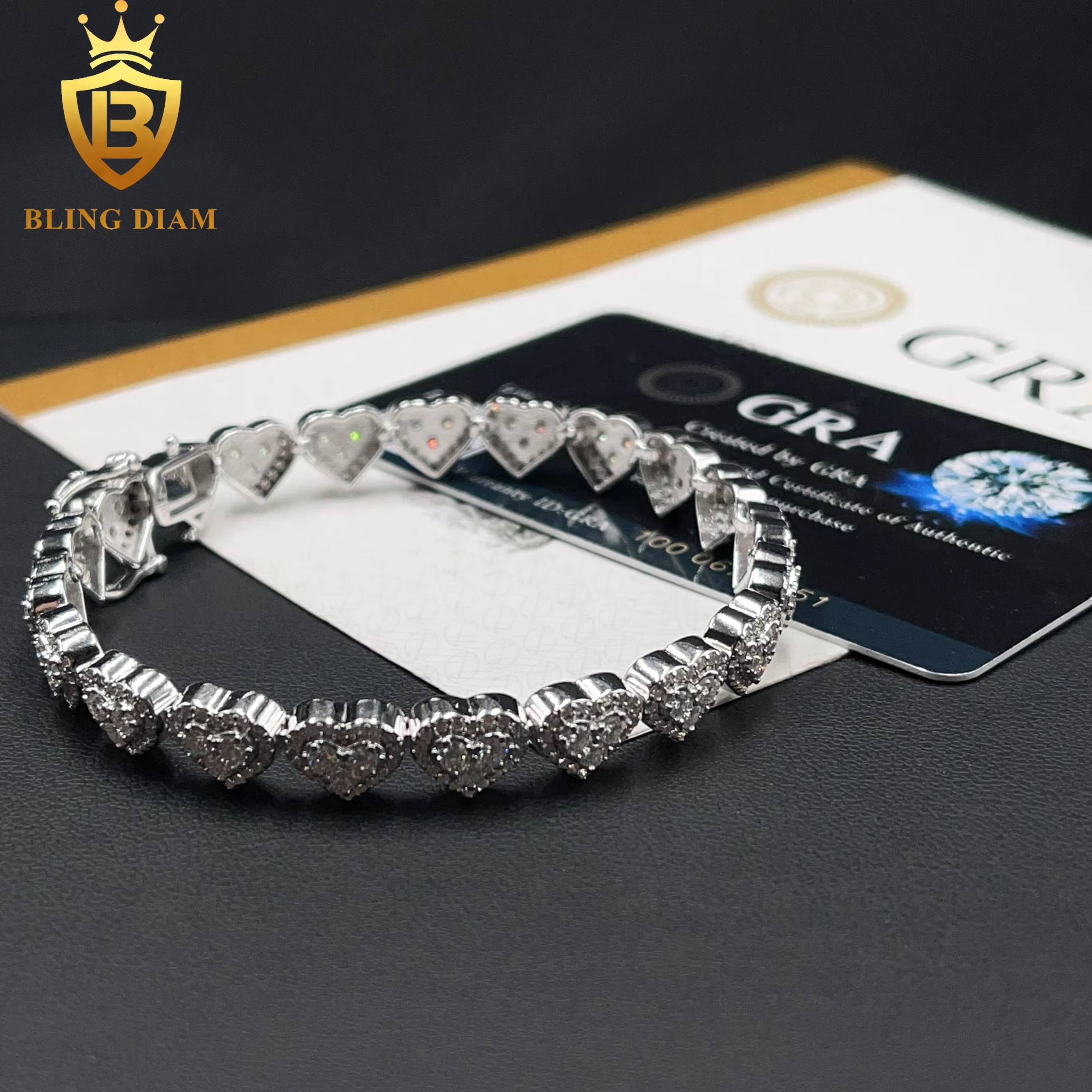 Fashion Jewelry 925 Sterling Silver VVS Moissanite Heart Shape Cuban Tennis Chain 8mm Bracelet