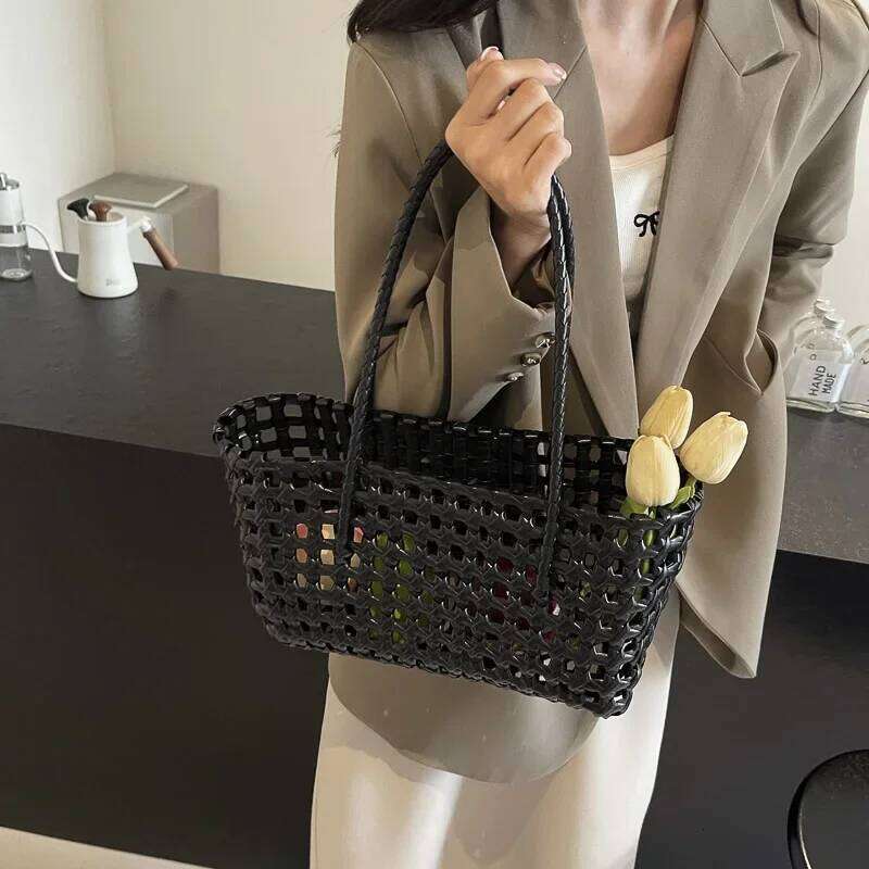 LEFTSIDE Small Solid Color Weave Tote for Women Fashion Summer Shoulder Bags Simple Handbags Hollow Out Beach Bag