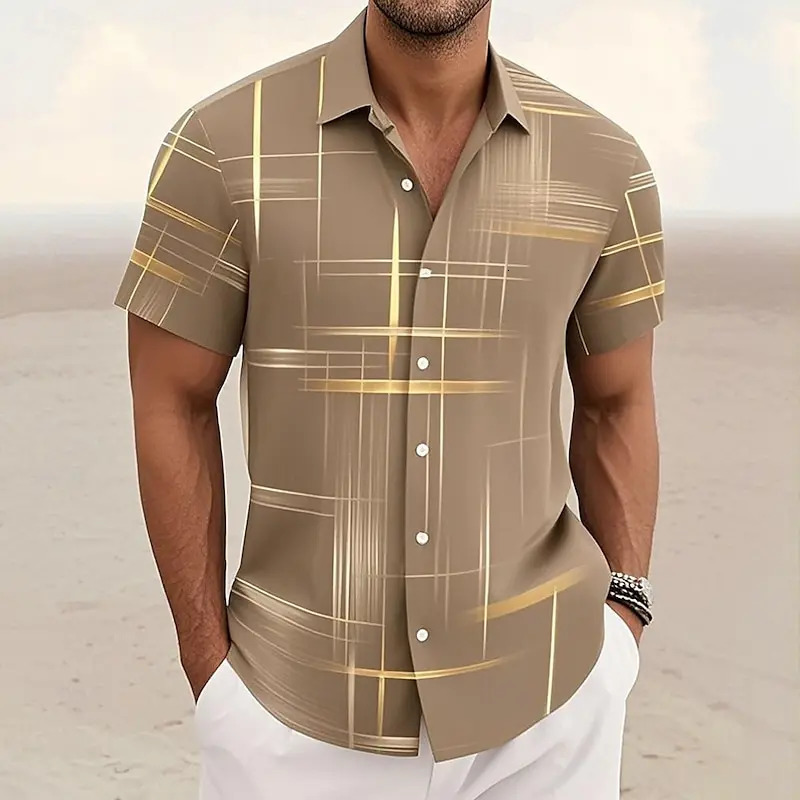 8 Color Mens Geometric Grid Shirt Button Short Sleeve Fashion Casual Outdoor Vacation Streetwear 3D Printed Lapel 250804