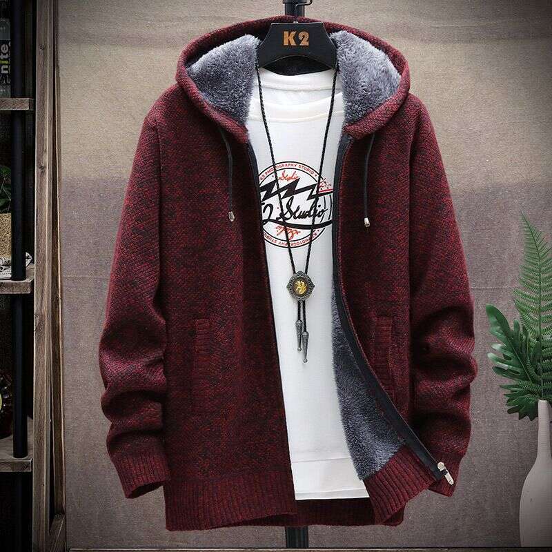 Men's Clothing Fleece Plus-Size Sweater Hooded Cardigan Zipper Knit Coat