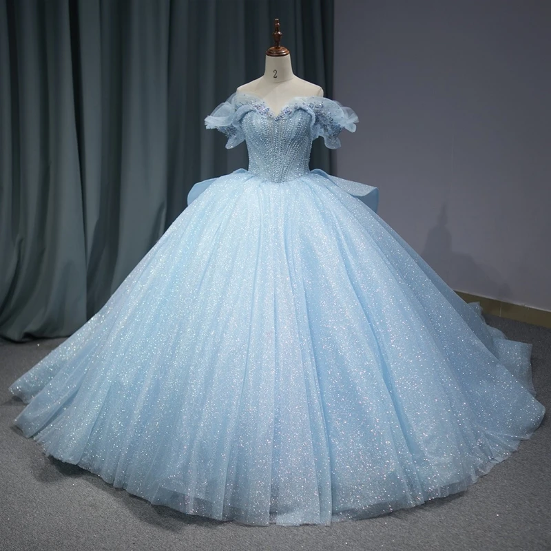 Sky Blue Shiny Princess Sweet 16 Dress Quinceanera Dresses Off The Shoulder Beading Crystal Tull Party Birthday Vestido De 15 Anos