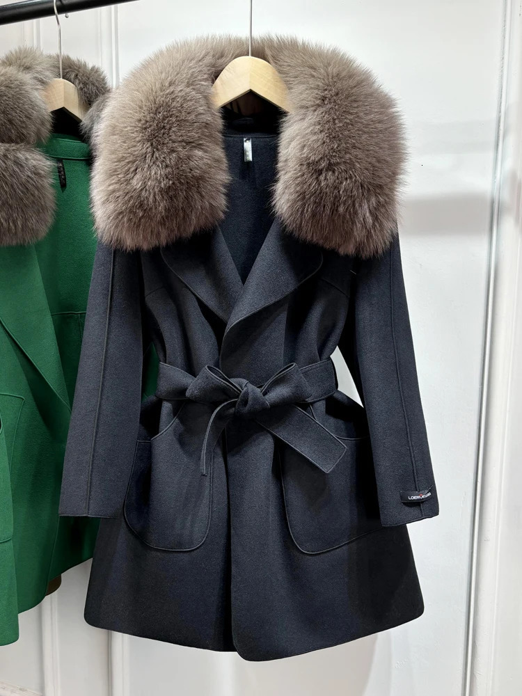 Janveny Wool Coat Women Natural Fox Fur Collar Winter Jacket Clothes For Female Short Slim Woolen Trench Coats Outwear 250811