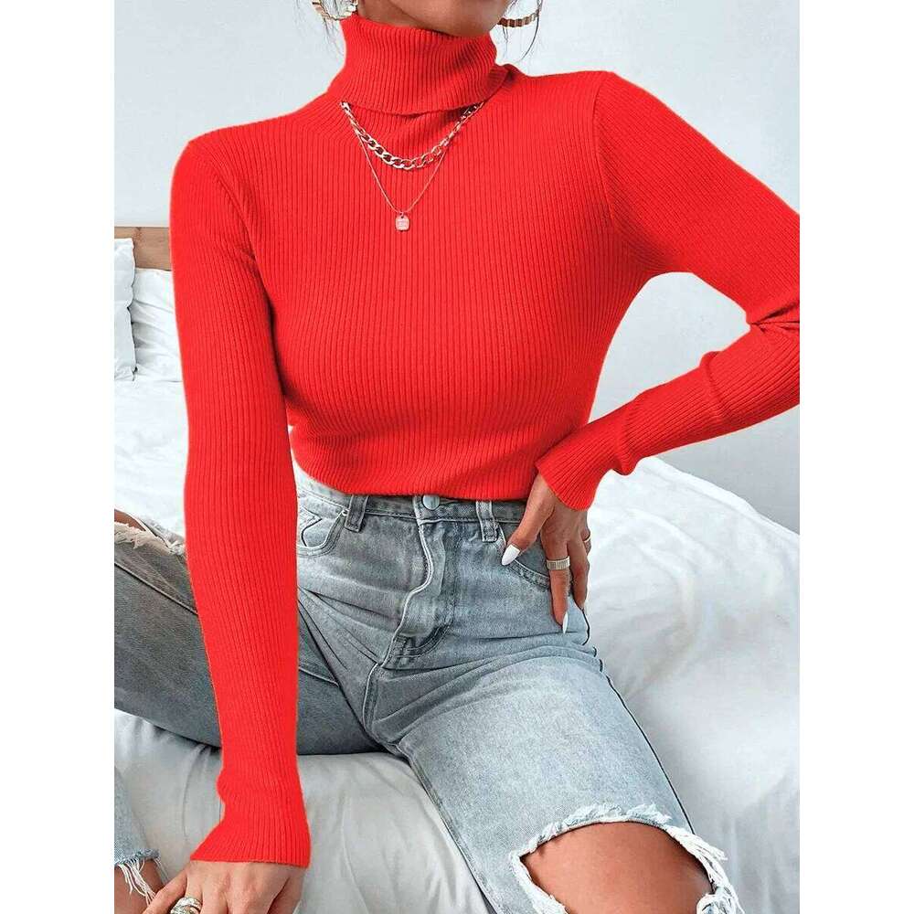 Autumn Winter Women Knit Solid Turtleneck Pull Sweater Casual Rib Jumper Tops Female Home Pullover Y2k Clothing 2025