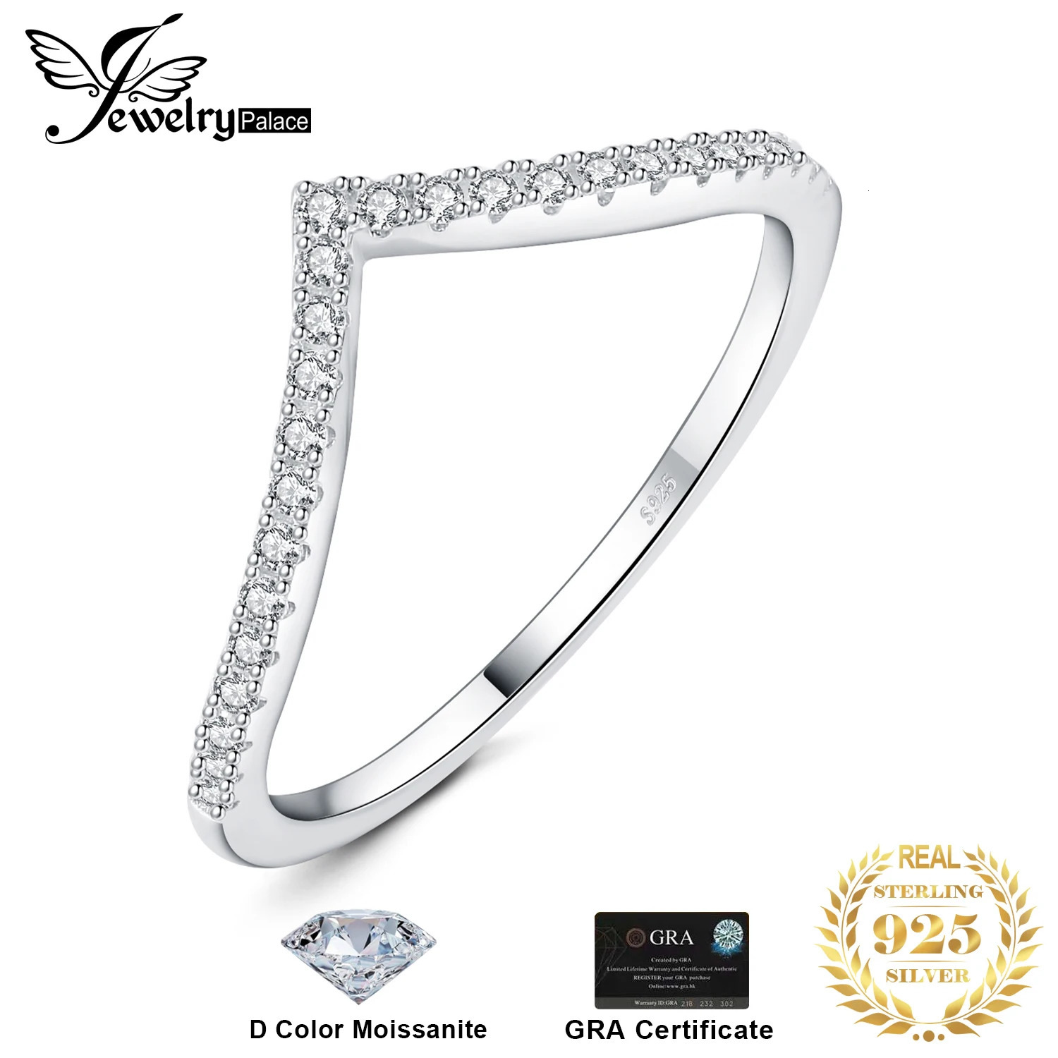 JewelryPalace D Color Round Cut 925 Sterling Silver V Shape Stackable Wedding Ring for Woman Yellow Rose Gold Plated 250807