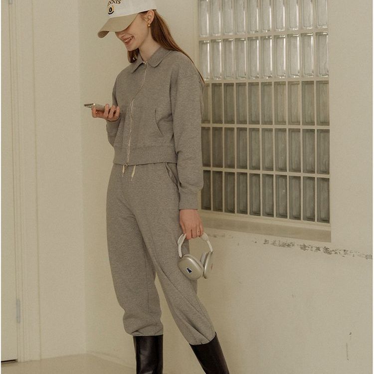 Cardigan Sweatshirt Fleece-Lined Women's Autumn Winter Fashion Casual Turn-Down Collar Top Sweatpants Sports Two-Piece Set