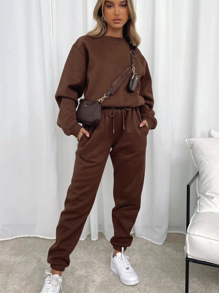 Autumn womens casual suit solid color long sleeve crewneck hoodie laceup pocket pants winter twopiece set 250814