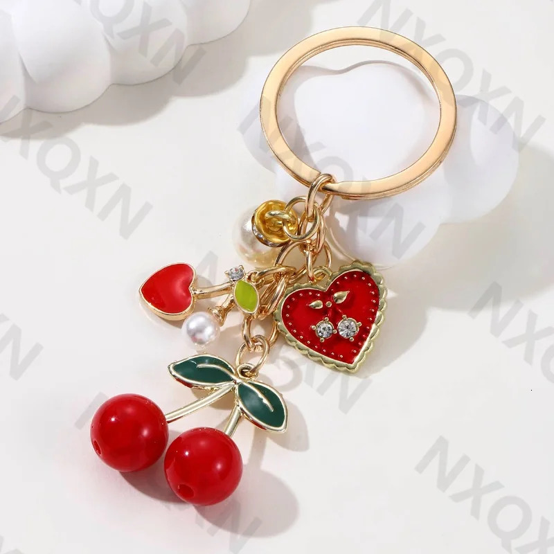 Pretty Cartoon Cherry Preal Heart Enamel Keychain Love Fruit Key Ring For Women Girl Handmade Friendship Gift Jewelry Set 250811