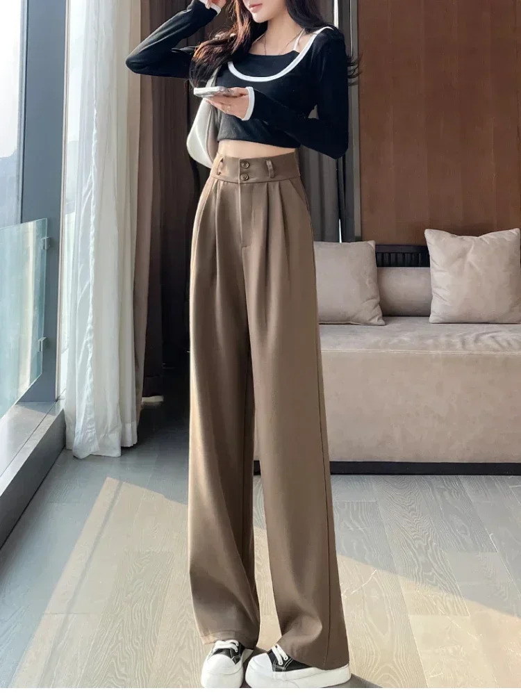 High Waist Suit Pant Straight Black Korean Office Ladies Trousers Fashion Button Loose Spring Female Streetwear 2024 250808