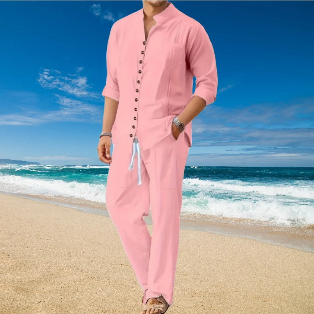 Mens Retro Cotton And Linen Set Spring Autumn Fashion Standup Collar Pocket Long Pants Longsleeved Twopiece set 250814