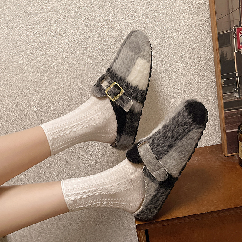 free shipping designer Slippers Autumn and winter new vintage flat shoes plush insulation and color blocked cotton slippers