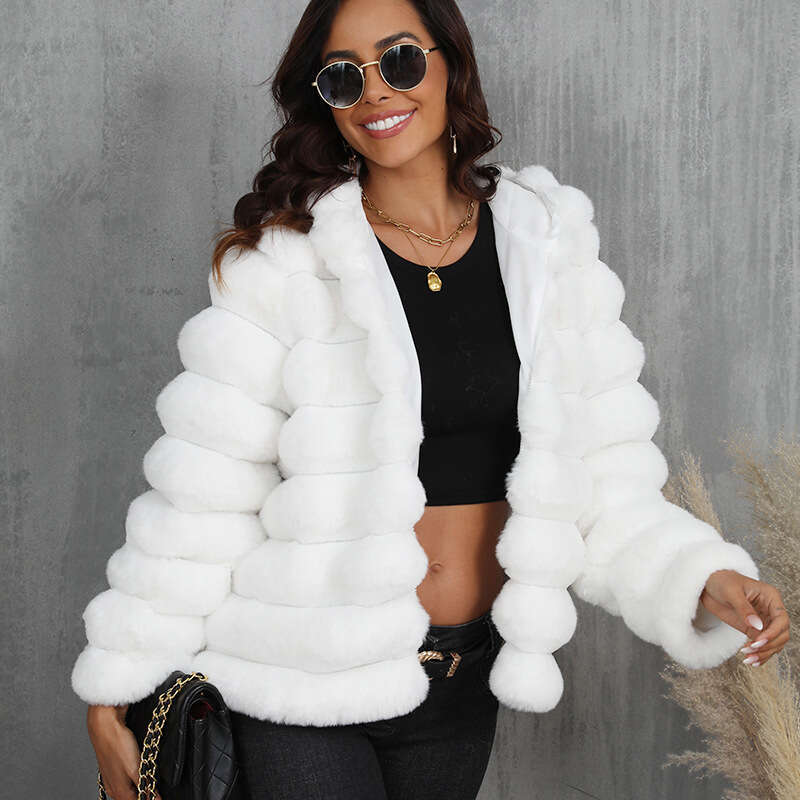 Faux Fur Women Coats Hooded Full Sleeve Short Coat Zipper Thick Warm Solid Temperament Elegant Splice Autumn Winter
