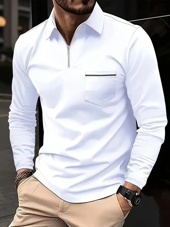 Spring Autumn Solid Color Long Sleeve Polo Shirt Zipper Pocket Lapel Mens Casual Sports Top Men 250814