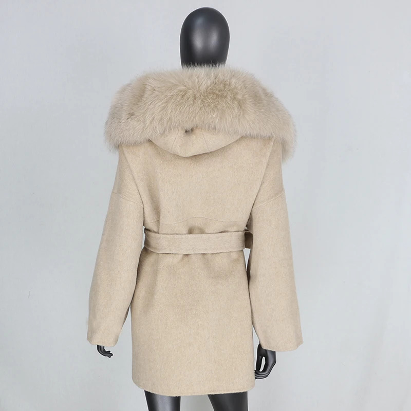 CXFS Natural Fox Fur Collar Hood Cashmere Wool Blends Fur Coat Winter Jacket Women Oversize Loose Outerwear Belt 250811