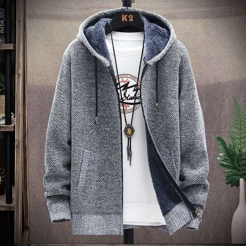 Men's Clothing Fleece Plus-Size Sweater Hooded Cardigan Zipper Knit Coat