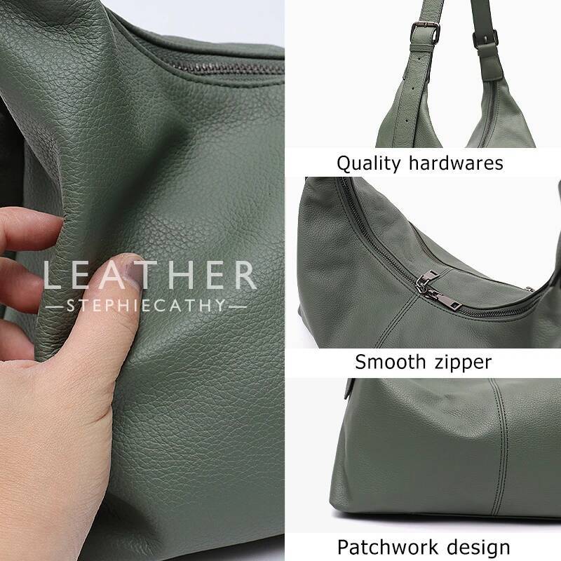 SC Women Cowhide Crossbody Bag Large Casual Shoulder Purse Wide Strap Handbag Female Daily 100% Genuine Leather Hobo Sack