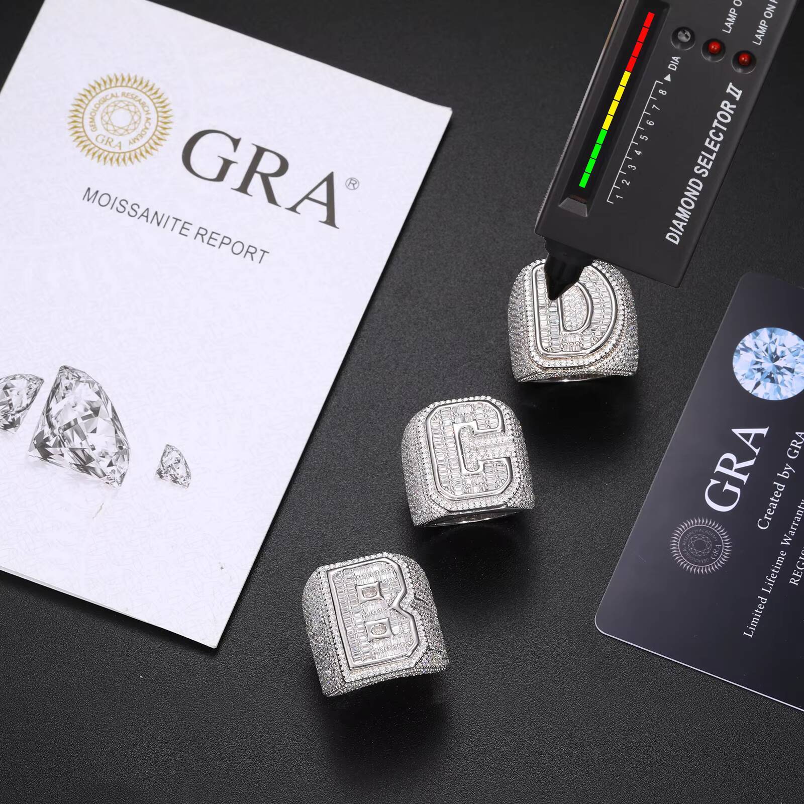 Dropshipping Baguette Mossanite Letter Jewelry Sterling Sier VVS Moissanite Dia Iced Out Initial Hip Hop Ring