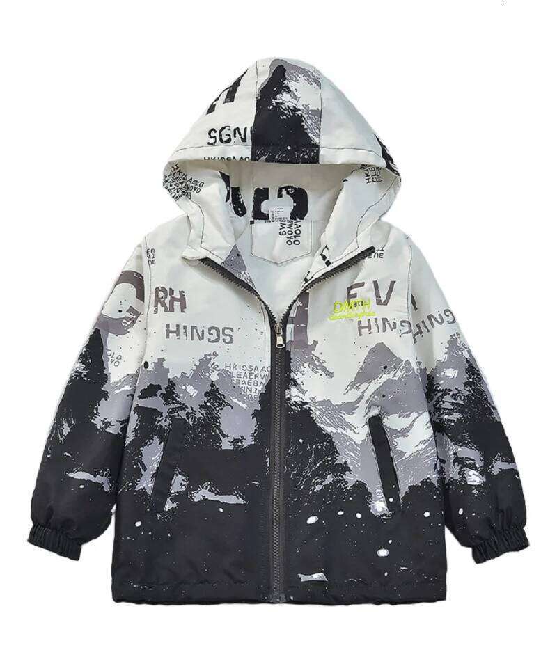 Spring Summer Waterproof Hooded Contrast Printed Boys Lined Zip Hiking Jackets School Kids Outfit Tops Child Track Coat 3-14 Yr