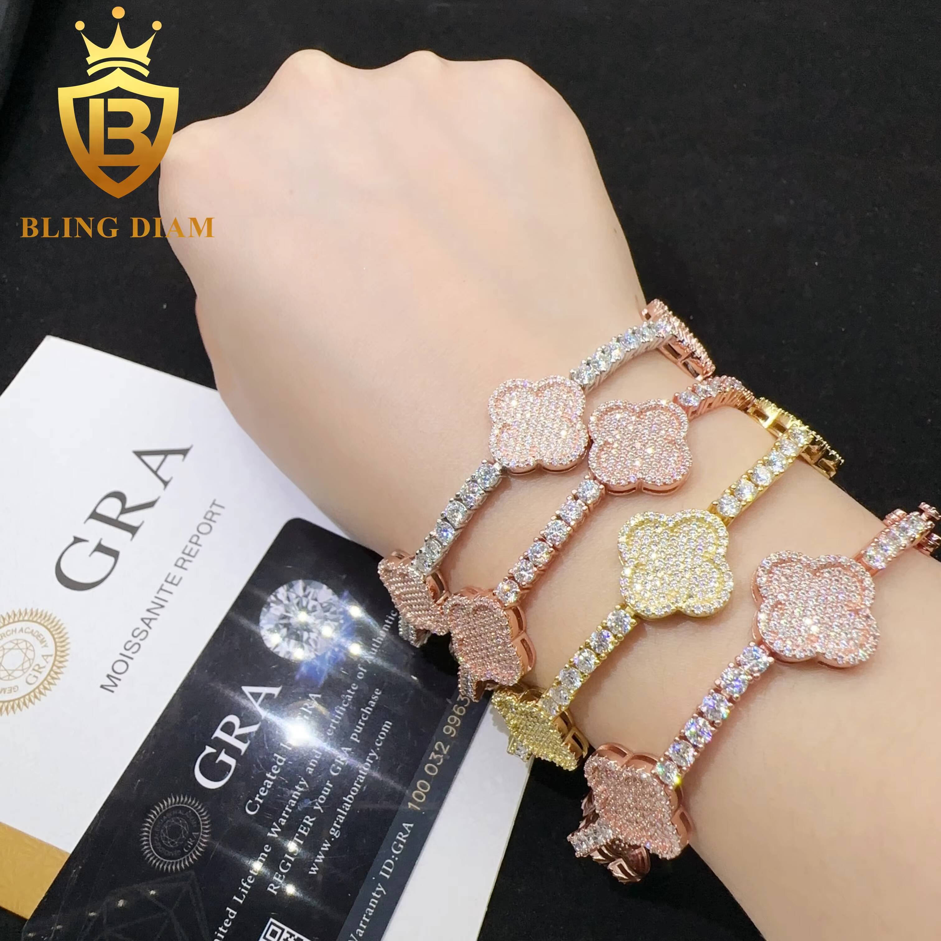 Wholesale Price 925 Sterling Silver Vvs Moissanite Diamond Hip Hop Iced Out Jewelry Clover Leaf Tennis Chain Bracelet