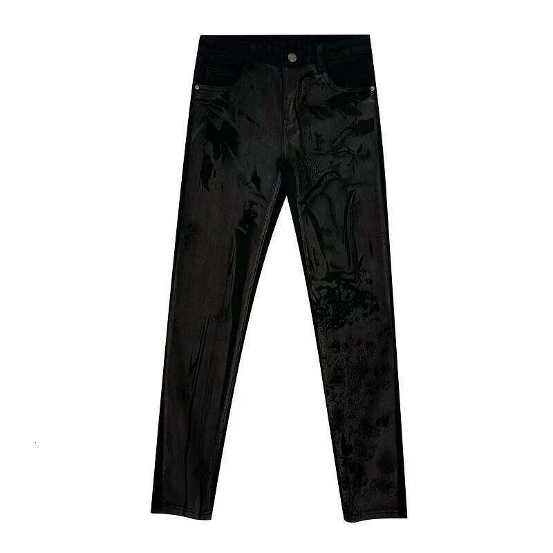 2024 Light High-End Black Denim Trousers Men's Fashion Design Landscape Painting Printing Stretch Slim Fit Skinny Pants