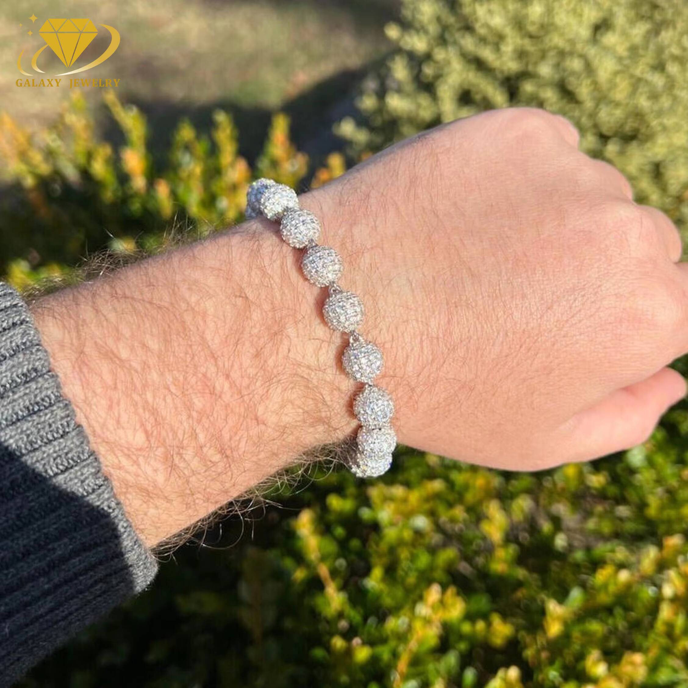 Full Iced Out Round VVS Moissanite Diamond Beads Bracelet Necklace Hip Hop 925 Silver 4mm to 10mm Beaded Cuban Link Chain