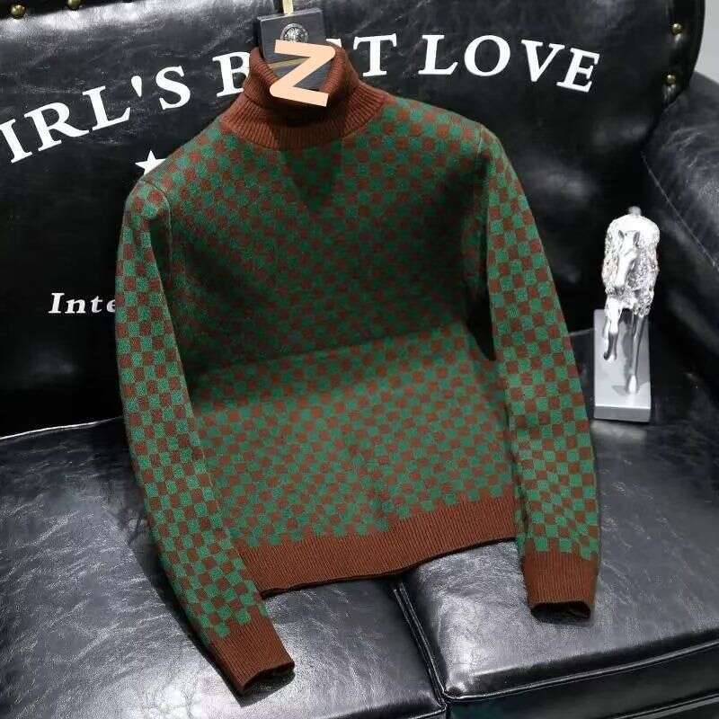 High Neck Sweater, Internet Famous Trendy Brand Slim Fit Checkered Jacquard Thread Jacket, Men's Autumn And Winter New