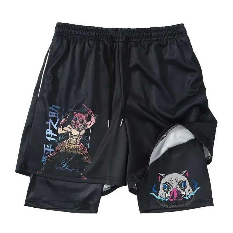 Japanese Anime Demon Slayer Peripheral Shorts Mens and Womens Summer Double Layer Beach Pants Loose Large Size Casual Shorts Y250814