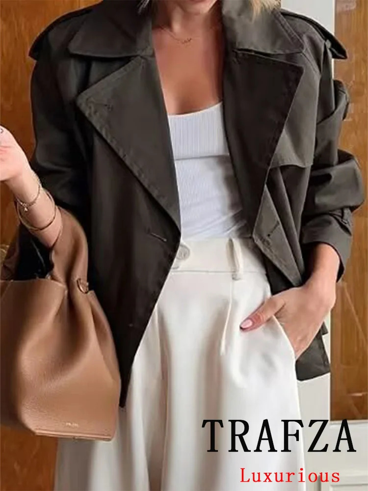 TRAFZA Vintage Casual Chic Women Jackets Solid Double Breasted Turndown Collar Long Sleeve Short Coat Fashion 2024 Autumn 250805