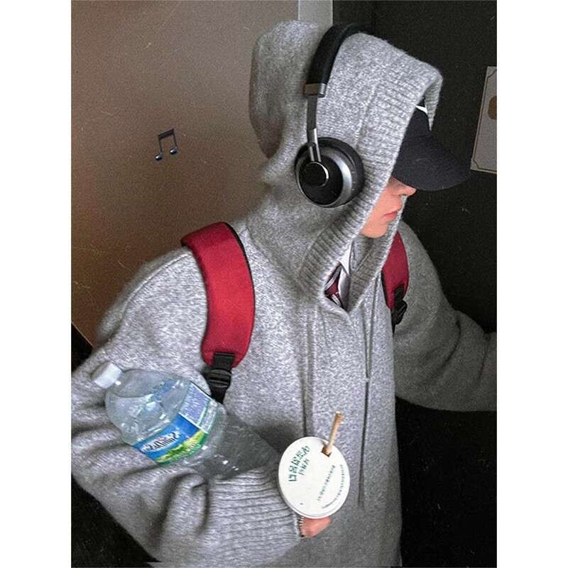 Gray Hooded Knitted Sweater For Men, Autumn And Winter Korean Style, Lazy American Cleanfit Wool Coat B5