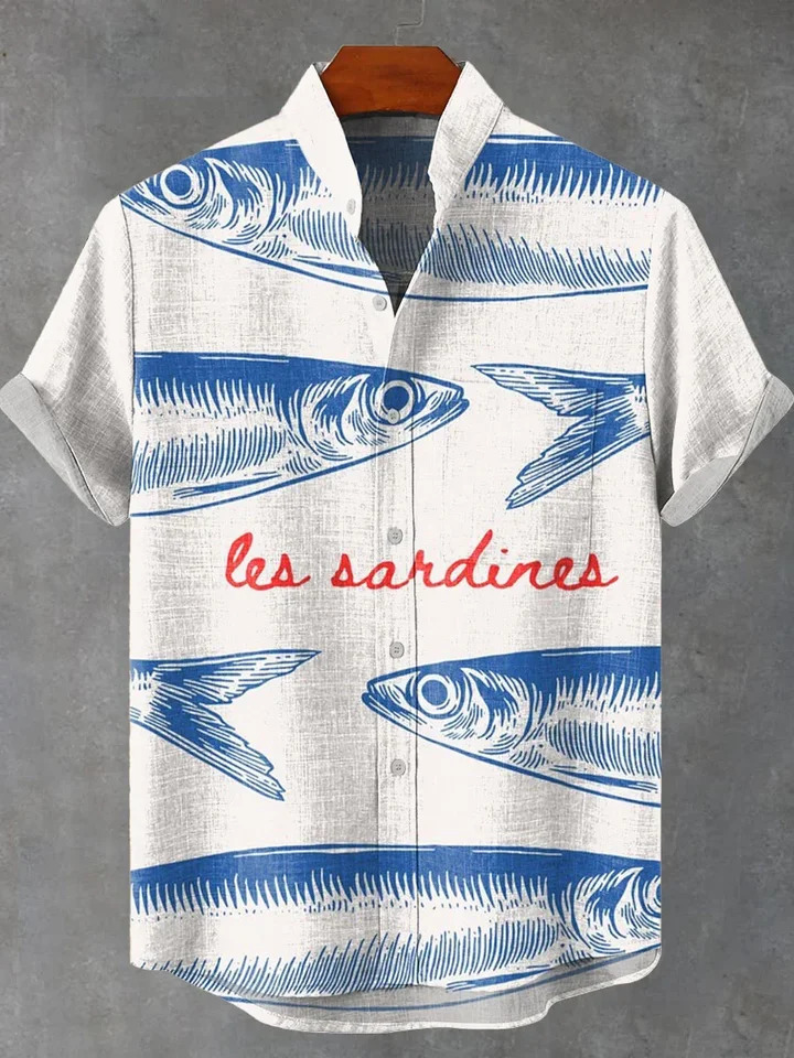 2025 Summer Blue Fish Line Retro 3D Printed Casual Fashion 100 Linen Mens Short sleeved Stand up Collar Shirt 250804