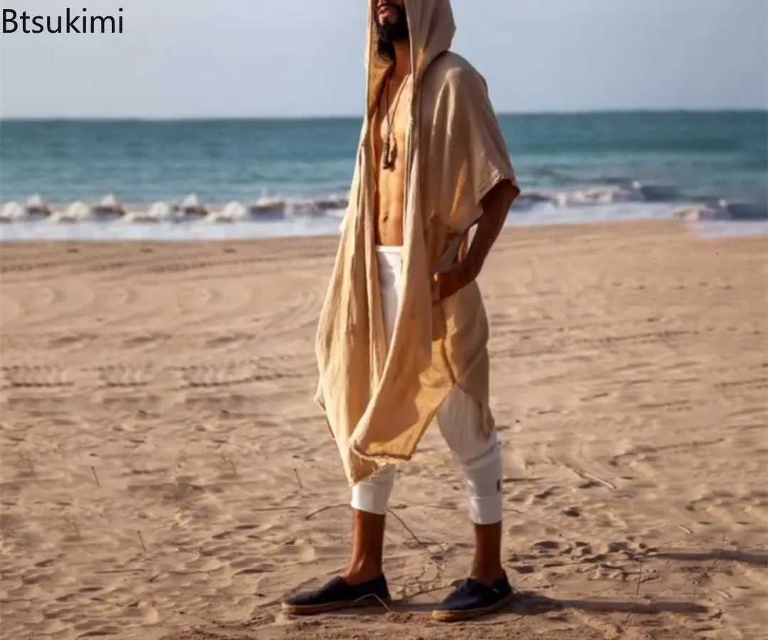 2025 Mens Summer Mid-length Cardigans Loose Casual Sun Protection Clothes Beach Holiday Style Shawl Coat Male Long Hooded Cape W250815