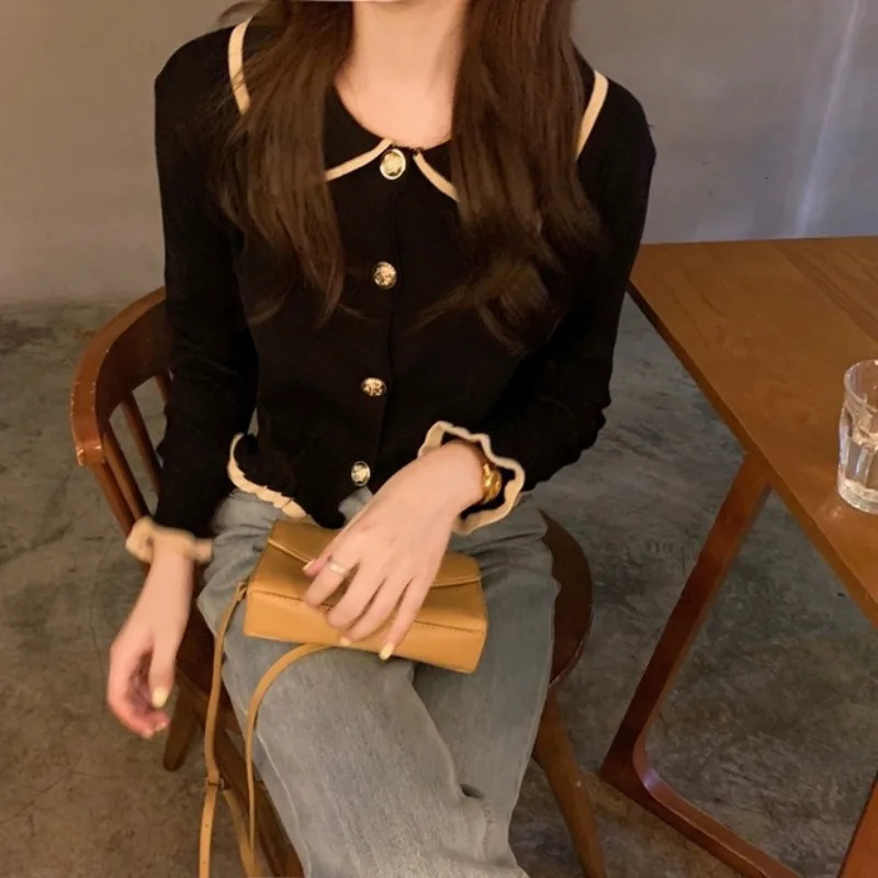 Korean Womens Long Sleeve Knitted Shirt Tops Autumn Polo Collar Crop Women 250814