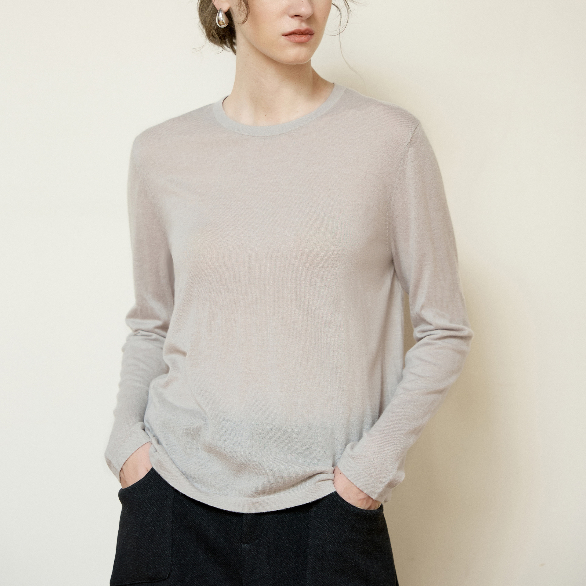 High-Quality Mulberry Silk Cashmere Knitted Sweater Warm Comfortable Slimming Long Sleeve T-Shirt Women Solid Color Round Neck Base Shirt