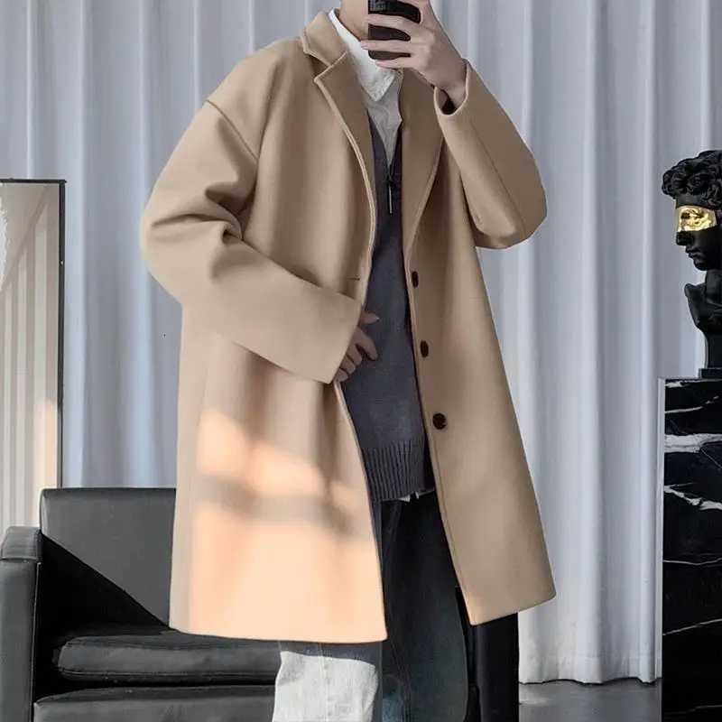 Korean Trend Fashion Autumn Winter Mid-length Woolen Trench Men Suit Collar Button England Thick Long Sleeve Slim Coats Tops W250815