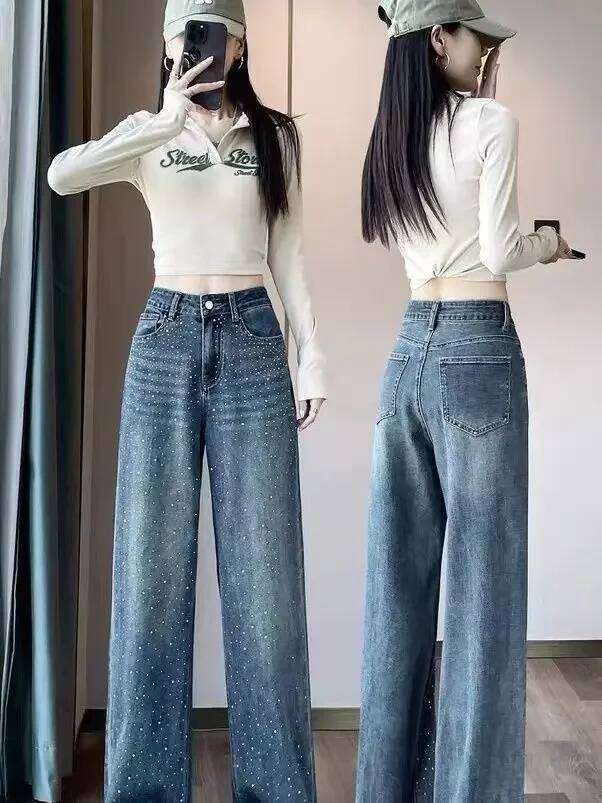 Autumn Clothing Rhinestone Pendant Design High Waist Wash Jeans Women's Loose Slimming Straight-Leg Pants