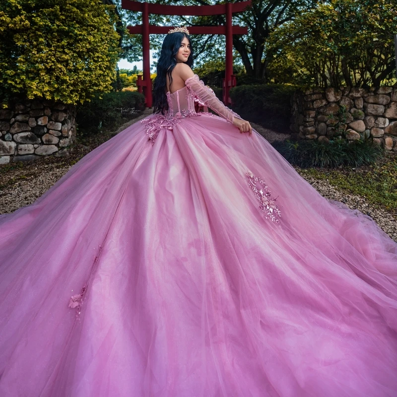 Pink Princess Sweet 16 Dress Quinceanera Dresses Off The Shoulder Applique Flower Beading Crystal Tull Corset Party Birthday Vestido De 15 Anos
