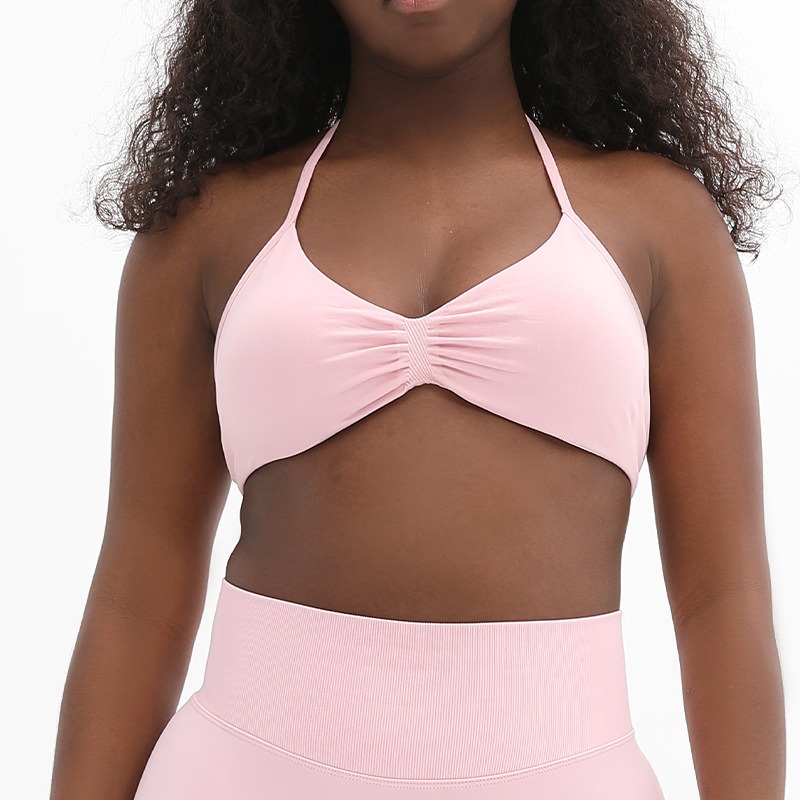 High Stretch Matte Nylon Yoga Halter Sports Bra Ruched Beautiful Back Workout Bra Women