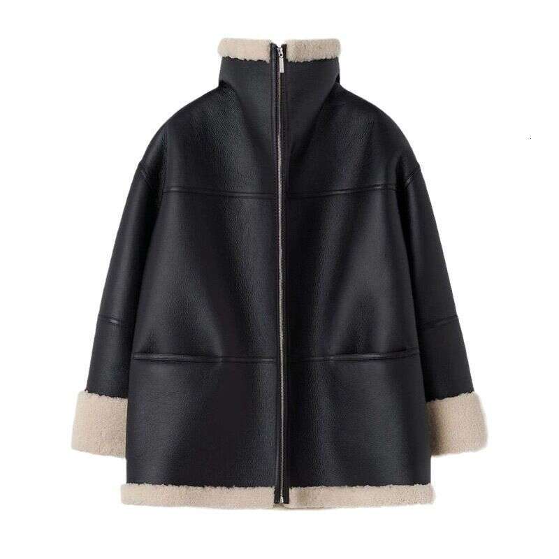 Women's Clothing 2024 Autumn Winter New Fashion Cashmere Fur Collar Composite And Leather Jacket