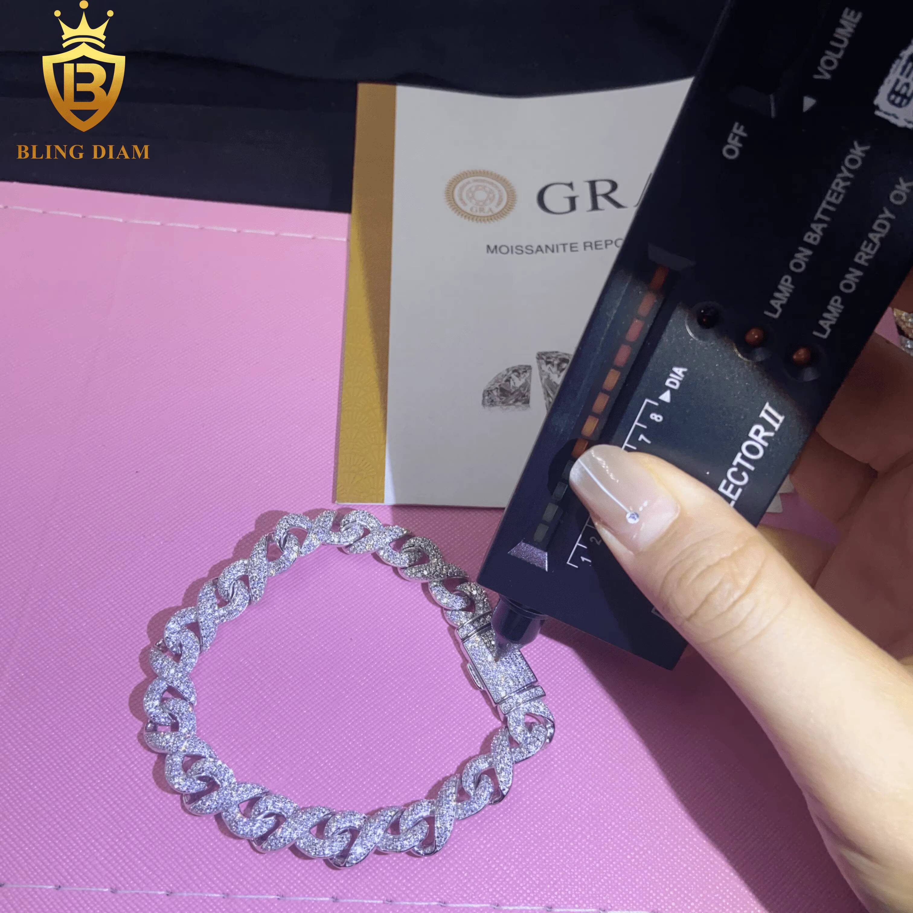 New Design Fashion 925 Eight-Character Chain Moissanite Cuban Bracelet Men Women Hip Hop Style Pass Diamond Tester 10mm with GRA