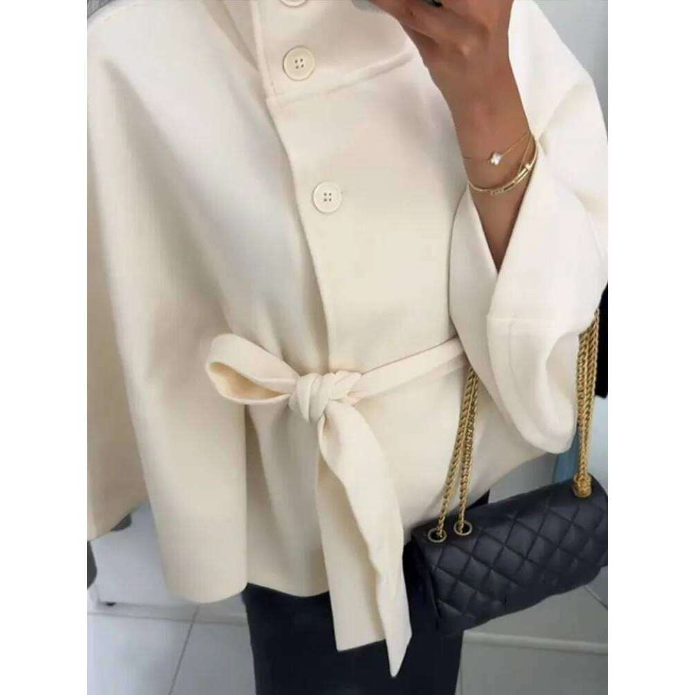 Solid Wide Flare Sleeves Lace Jacket Women's High Waist Stand Up Collar Single Breasted Coat 2025 Elegant Street New Outwear