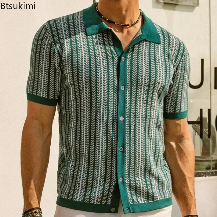 Mens Summer Casual Stripe Shirts Knitted Vintage British Breathable Patchwork Short Sleeve Jacquard Business Polo Shirt 250814