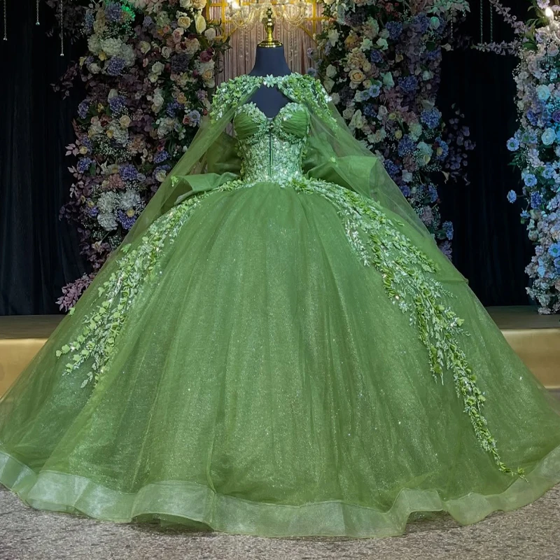 Green Shiny Princess Sweet 16 Dress Quinceanera Dresses Off The Shoulder Sequin Applique Beading Bow Tull With Cape Party Birthday Vestdos 15 Anos