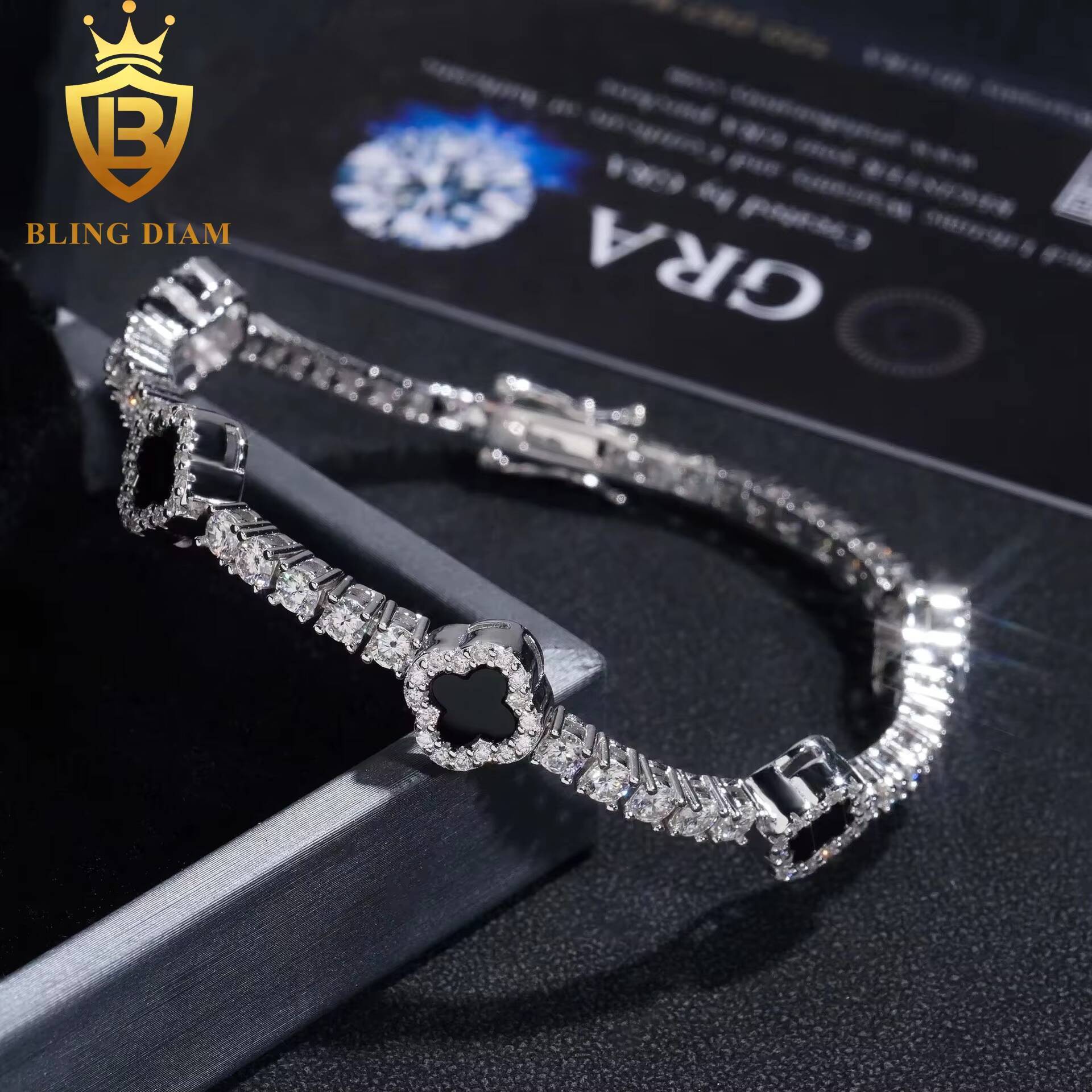 Fashion Black Clover Moissanite Tennis Chain Bracelet 925 Silver 3mm Moissanite Bracelet Pass Diamond test Hip Hop Bracelet