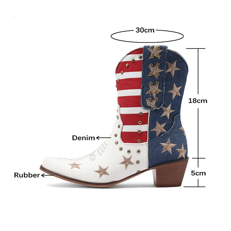 Womens Cowboy Western Boots USA Flag Ankle Booties Denim Studded Rivets Embroidery Stars Stripes Heeled Shoes Footwear 250809