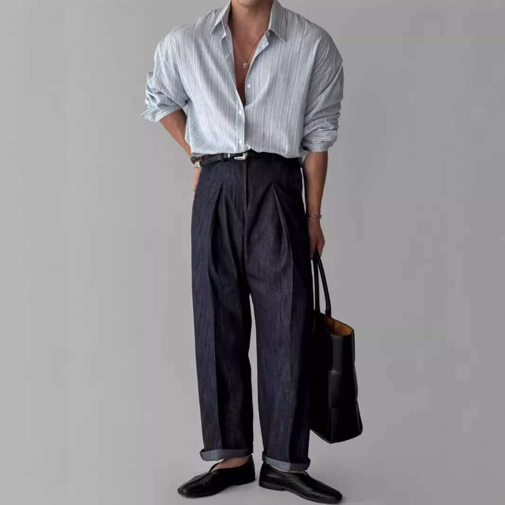 Linen Striped Long Sleeve For Men, Spring Summer Korean Style, Light And Mature Casual, Wrinkle-Free, Blue Lightweight Sun Protection Shirt B5