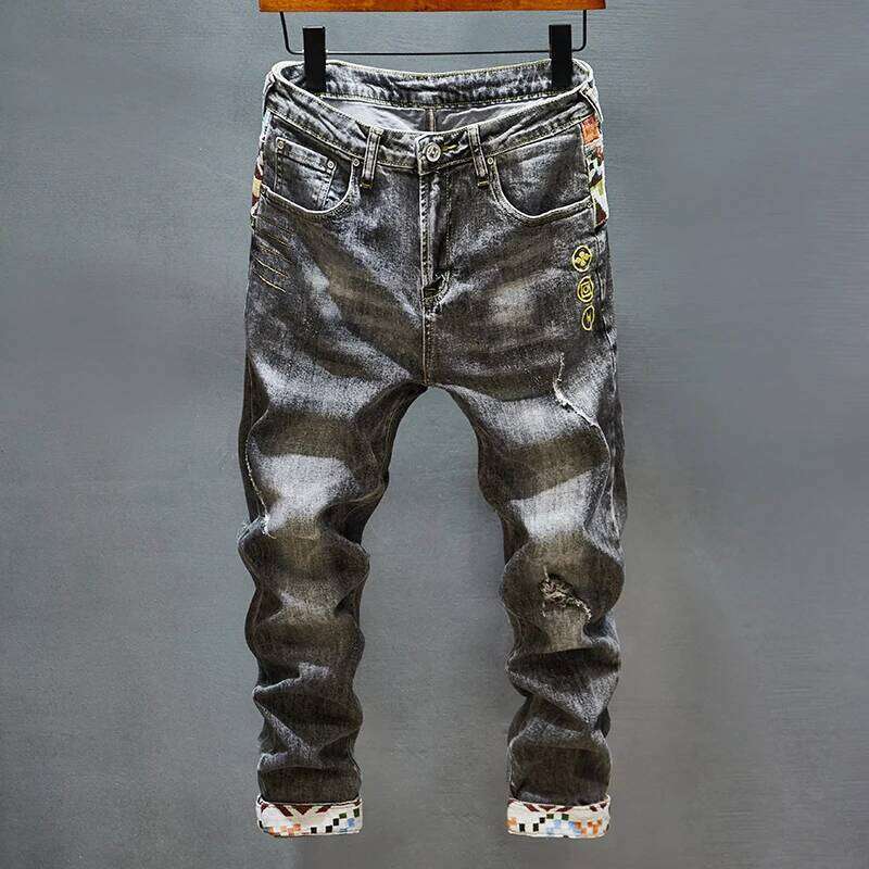 ing Embroidered Printed Jeans Men's Cool Smart Street Fashion Design Pattern Slim Fit Feet High-End Washed Trousers