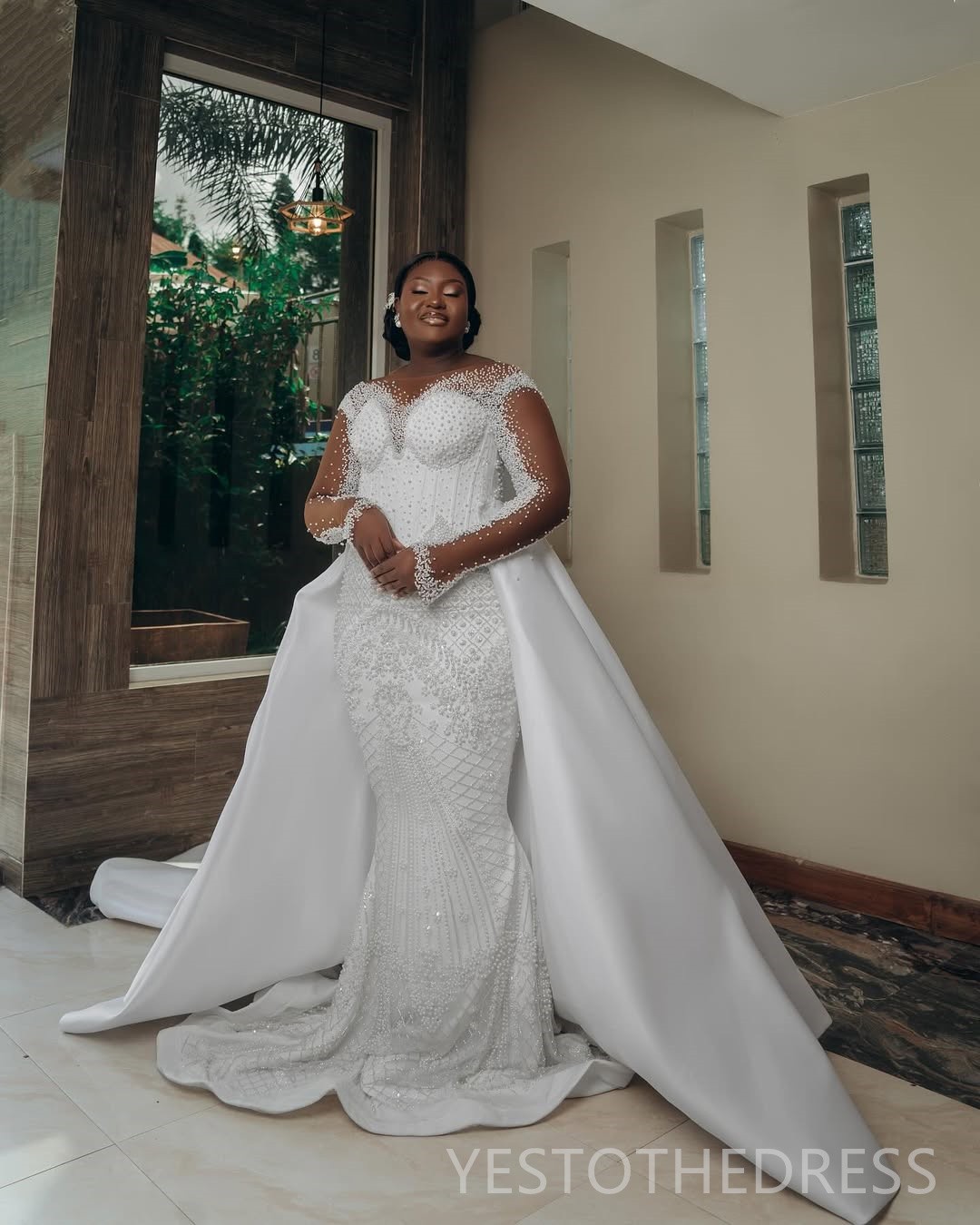 2025 Plus Size African Wedding Dress Bridal Gowns For Bride Mermaid Sheer Neck Detachable Train Lace Pearls Tiered Pleat Wedding Gowns For Black Women