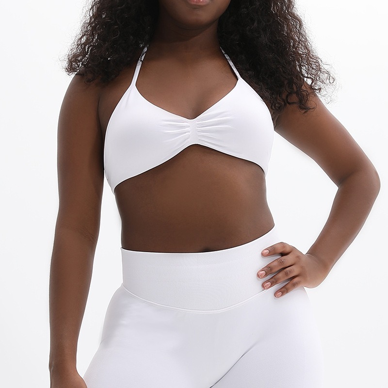 High Stretch Matte Nylon Yoga Halter Sports Bra Ruched Beautiful Back Workout Bra Women