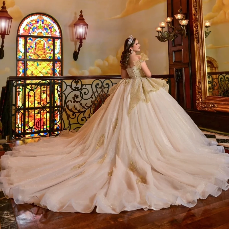 Champagne Shiny Princess Sweet 16 Dress Quinceanera Dresses Beading Crystal Tull Corset Party Birthday Vestido De 15 Anos Ball Gown