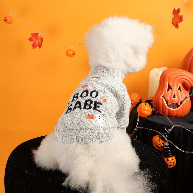 Pumpkin Ghost Halloween Crew Neck Pet Clothes Dog Cat Light Grey Funny English Embroidery Pullover Traction Jacket